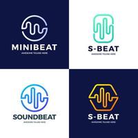 Set Audio Sound Wave Logo Template Stock Vector Design. Line Abstract Music Technology Logotype. Digital Element Emblem, Graphic Signal Waveform, Curve, Volume and Equalizer. Vector Illustration.