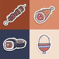 sushi, kebab, huevo, juego de pegatinas de carne. Dibujado a mano doodle ilustración de vector de colección de iconos para fondos, estampados textiles, menú, web y gráfico.