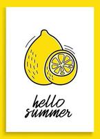 Summer lemon inspirational card with doodles fruit isolated on white background. Colorful illustration for greeting cards or prints. Vector lemon illustration