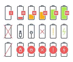 Battery charging vector icons. Charge power level, smartphone accumulator energy status. Cell phone battery signal indicators isolated icons set. Collection of device charge process sign