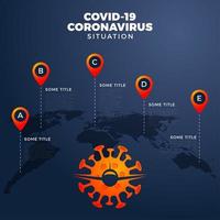 Covid-19, mapa de covid 19 con informe infográfico en todo el mundo. Actualización de la situación de la enfermedad por coronavirus en 2019 en todo el mundo. Mapas de área infográfica muestran la situación en el mundo. vuelo cancelado con simple vector