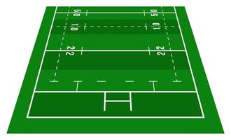 Perspective green rugby half field. View from front. Rugby field with line template. Vector illustration stadium.