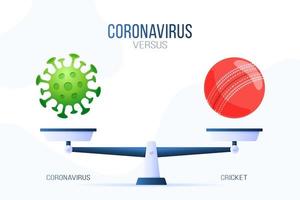 Ilustración de vector de coronavirus o grillo. concepto creativo de escalas y versus, en un lado de la escala se encuentra un virus covid-19 y en el otro icono de bola de cricket. ilustración vectorial plana.