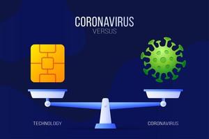 Ilustración de vector de coronavirus o tecnología. concepto creativo de escalas y versus, en un lado de la escala se encuentra un virus covid-19 y en el otro icono de chip tecnológico. ilustración vectorial plana.