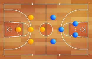 Basketball court with a tactical scheme of the arrangement of players of two basket teams on the playground, plan of a game diagram for a fantasy league coach board vector