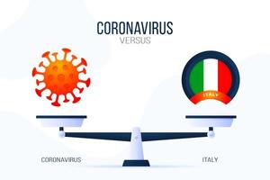 Ilustración de vector de coronavirus o italia. concepto creativo de escalas y versus, en un lado de la escala se encuentra un virus covid-19 y en el otro icono de la bandera de Italia. ilustración vectorial plana.