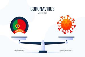 Ilustración de vector de coronavirus o portugal. concepto creativo de escalas y versus, en un lado de la escala se encuentra un virus covid-19 y en el otro icono de la bandera de portugal. ilustración vectorial plana.