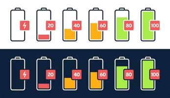 Energy level icon. Charge load, phone battery indicator, smartphone power level, accumulator energy empty and full status icons set. Stages of gadget recharging. Charging energy percent vector