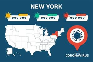 Covid-19 New York state USA map confirmed cases, cure, deaths report. Coronavirus disease 2019 situation update worldwide. America Maps and news headline show situation and stats background vector