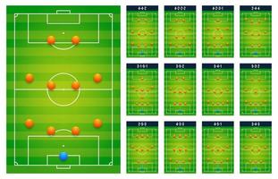 Top best popular football soccer green fields tactic table for coach players, match set concept. Planning upcoming schemes game. Modern flat vector illustration icons. Isolated on white