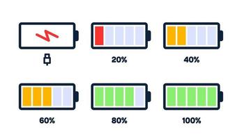 Energy level icon. Charge load, phone battery indicator, smartphone power level, accumulator energy empty and full status icons set. Stages of gadget recharging. Charging energy percent vector