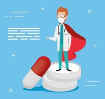 super doctor with hero cape and medicine vector