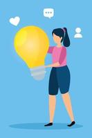 young woman with light bulb and icons vector