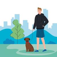 Man walking the dog outdoors vector