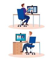 hombres en videoconferencias en el lugar de trabajo. vector