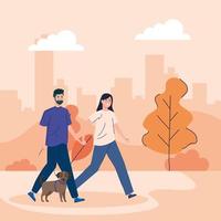 People walking their dogs outdoors vector