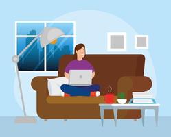 woman working with the laptop on the couch vector