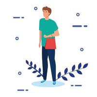 young man with shopping bag and leafs decoration vector