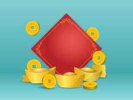 Chinese gold ingot and coin in front of blank red paper on green color background vector