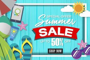 Summer super sale banner template on color background. vector