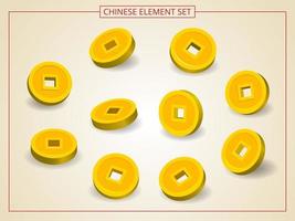 Chinese golden coins in several angles in paper cut style vector