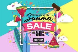 Summer super sale banner template on color background. vector