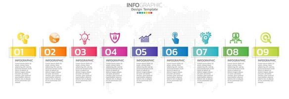 Infografía de línea de tiempo con iconos de marketing y pasos. vector