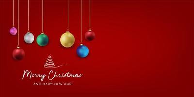 Banner de Navidad con fondo y adornos navideños. texto feliz navidad y próspero año nuevo. vector