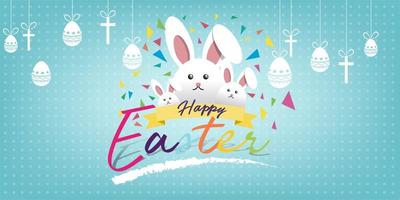 tarjeta de felicitación de pascua feliz con conejo, conejito y texto vector