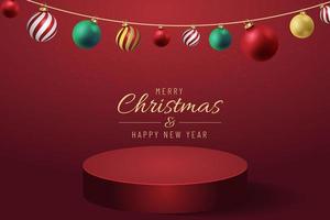 Christmas banner for present product with christmas tree on red Background. Text Merry Christmas and happy New Year. vector