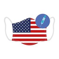 mascarilla con la bandera de Estados Unidos y el icono de vacuna vector