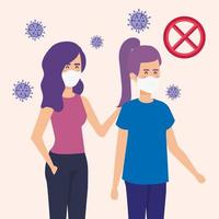 mujeres jóvenes con mascarillas durante el brote de coronavirus vector