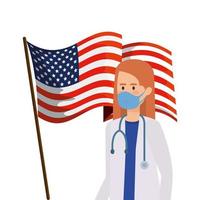 health worker with face mask and USA flag vector