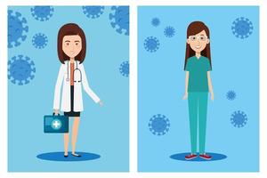 Heath care workers with coronavirus icons vector