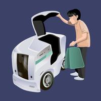 Modern robots delivery methods. Man loading bag to robot self drive fast delivery goods in city. Technological shipment innovation concept. Modern vector illustration. Isolated