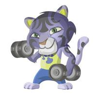 Cute leopard goes in for sports and lifts dumbbells. Cartoon character vector illustration isolated on white background