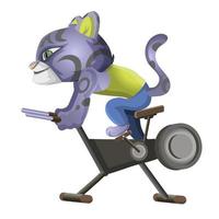 Cute leopard goes in for sports and pedals on a stationary bike. Cartoon character vector illustration isolated on white background