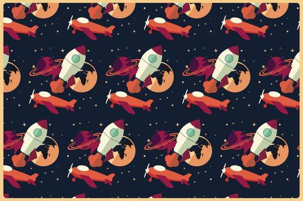 Rocket, planet and airplane in space, seamless pattern