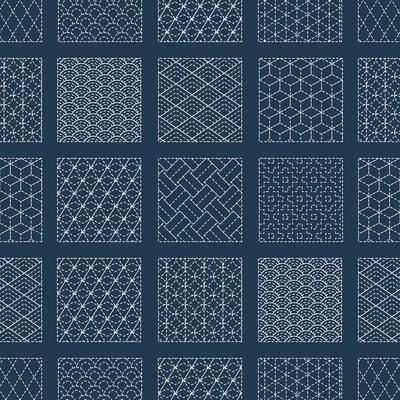Sashiko seamless indigo dye pattern with traditional white Japanese embroidery