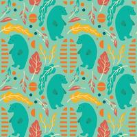 Seamless pattern with hand drawn floral elements and bear vector