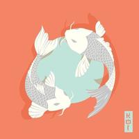 Dos peces carpa koi nadando alrededor del sol, estilo tradicional japonés vector