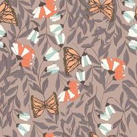 vector patrón transparente tradicional con mariposas monarca, elementos florales y flores de primavera