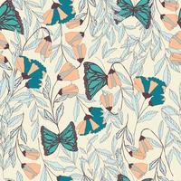 Vector traditional seamless pattern with Monarch butterflies, floral elements and spring flowers