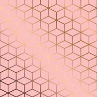 Seamless pattern design with golden geometric lines and cubes on pink background, modern luxurious background vector