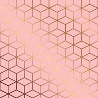 Seamless pattern design with golden geometric lines and cubes on pink background, modern luxurious background vector