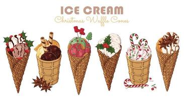 Christmas sweets theme set of different kinds of ice cream in waffle cones vector