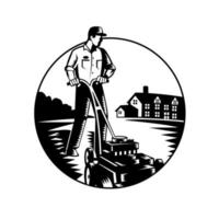 Gardener Mowing With Lawnmower and House Circle Woodcut Black and White vector