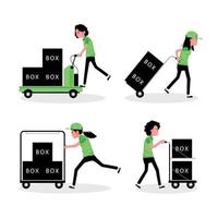 People pushing and pulling trolley with boxes vector