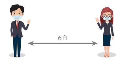 lindo empresario y empresaria aislada y con máscara con 6 pies de distancia vector