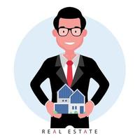 Broker or realtor offering a house by standing while holding a model of property vector